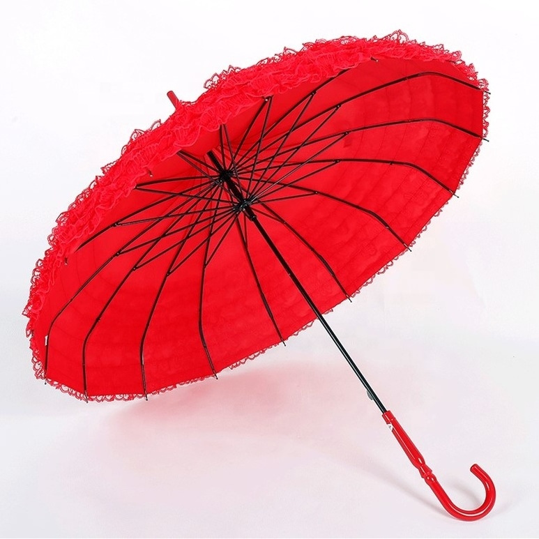 Bride Red Lace Parasol Wedding Long Handle Lady Sun Pagoda Umbrella