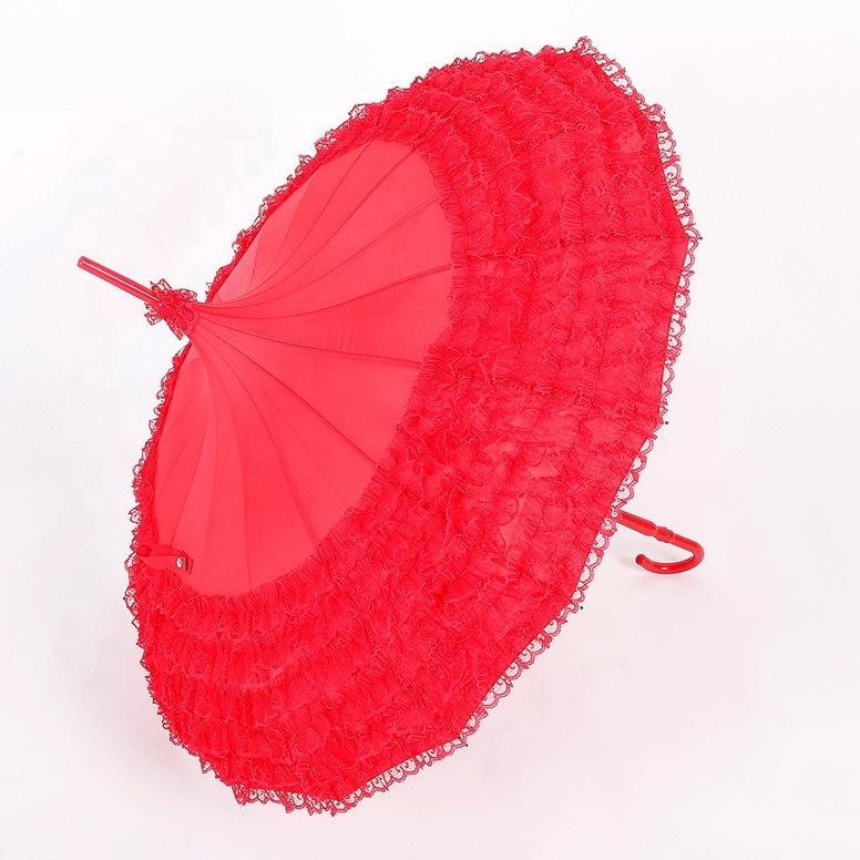 Bride Red Lace Parasol Wedding Long Handle Lady Sun Pagoda Umbrella