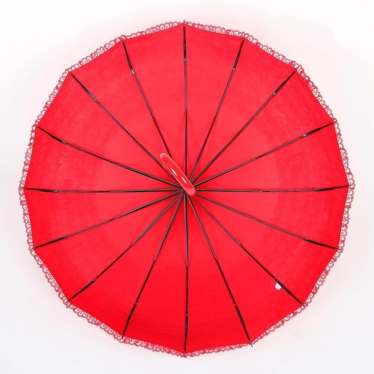 Bride Red Lace Parasol Wedding Long Handle Lady Sun Pagoda Umbrella