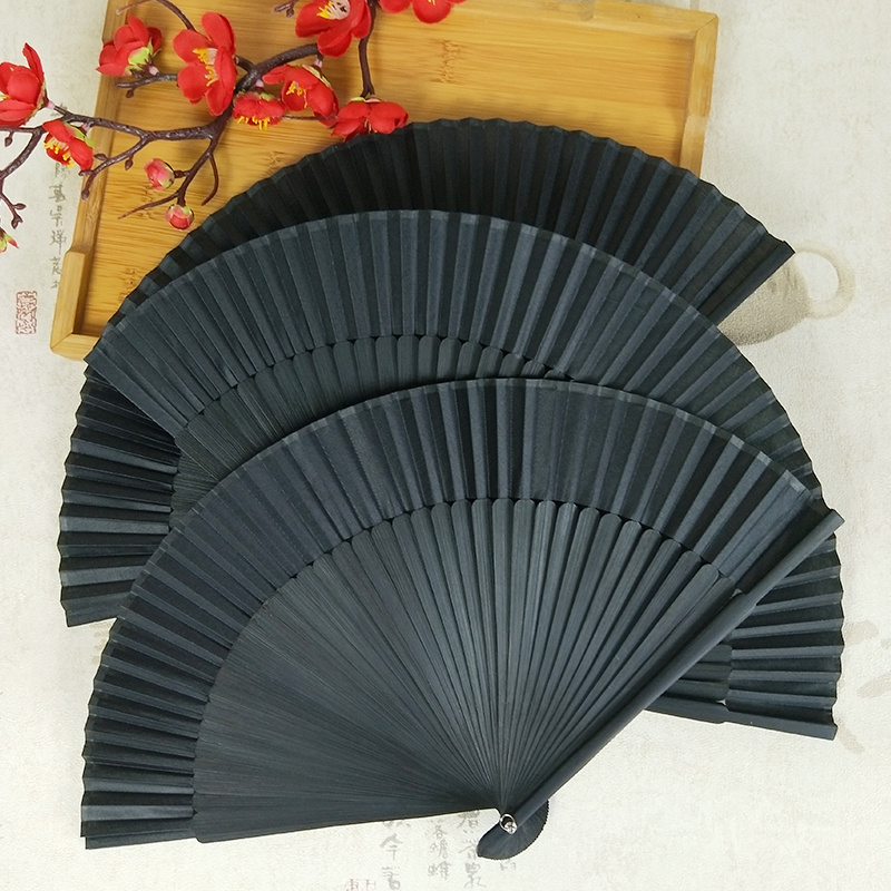 1PC/Pouch! Black Wedding Silk Chinese Bamboo Fan Hand Fan For Gifts