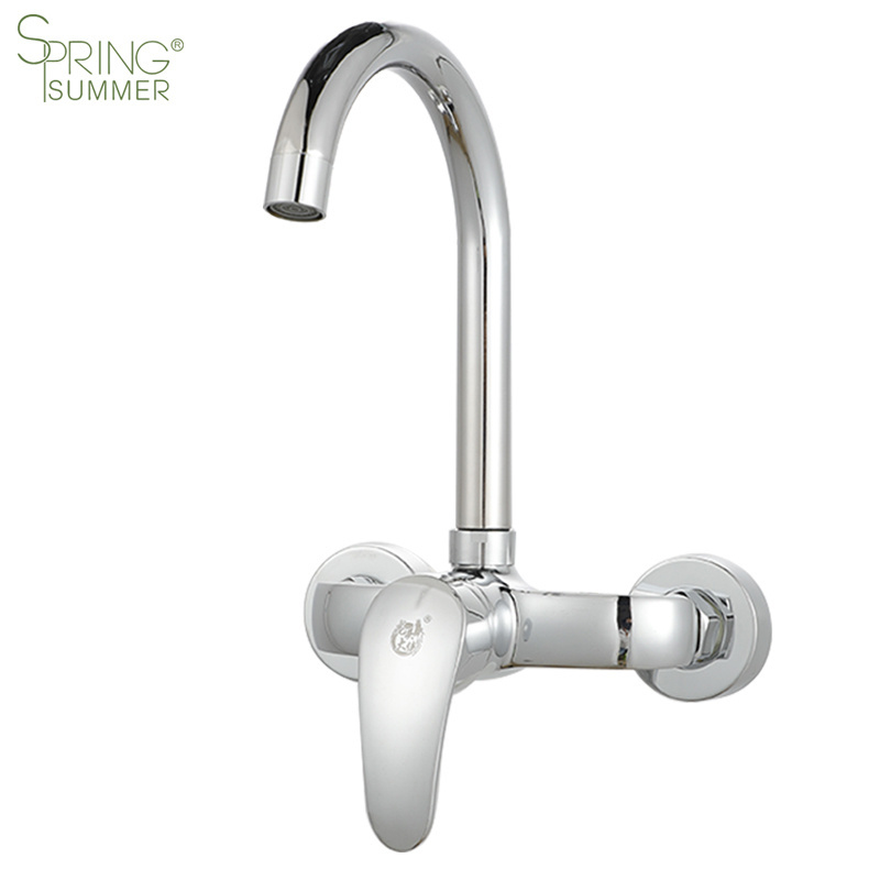 Wall Mounted 2 Holes Kitchen Mixer Tap Brass Single Handle Wall  Kitchen Sink Faucets