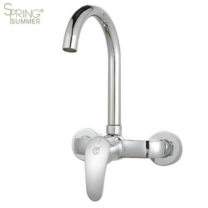 Wall Mounted 2 Holes Kitchen Mixer Tap Brass Single Handle Wall  Kitchen Sink Faucets