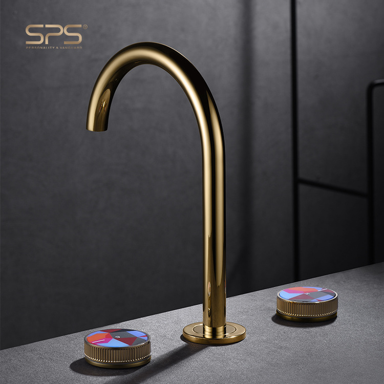 A2066 Fancy White and Gold Luxury Three Holes Brass Bathroom Water Tap Mixer Faucet Widespread 3 Hole Sink Faucet Deck Mounted