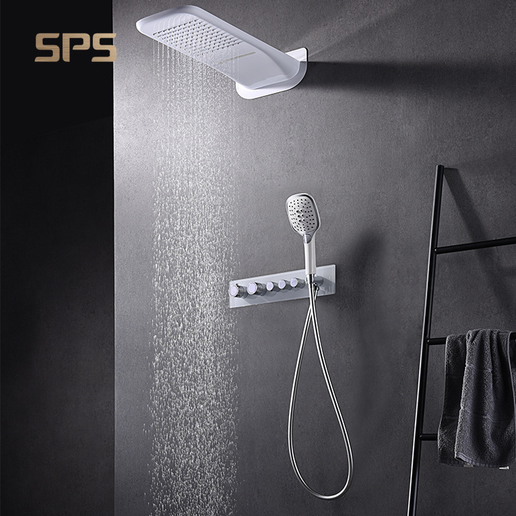 P5403-8L Bathroom Thermostatic Shower Set luxury Brass Wall Mounted Rainfall Combo Head Mixer Black Rain Waterfall Bath faucet