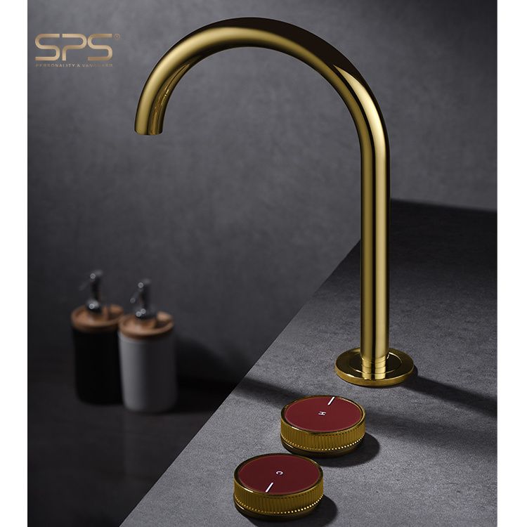 A2066 Fancy White and Gold Luxury Three Holes Brass Bathroom Water Tap Mixer Faucet Widespread 3 Hole Sink Faucet Deck Mounted