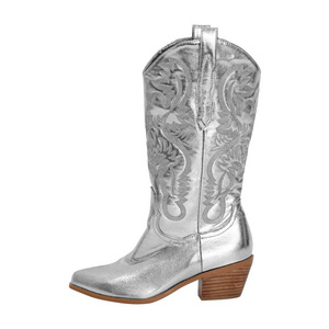 Wholesale fashion winter Silver embroidered Wide calf Square heeled pointed winter women's boots