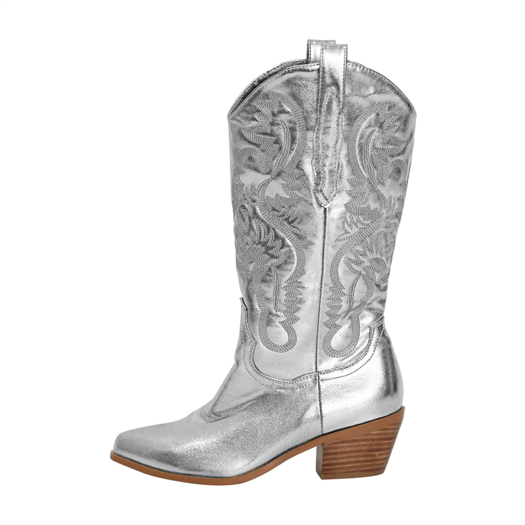 Wholesale fashion winter Silver embroidered Wide calf Square heeled pointed winter women's boots