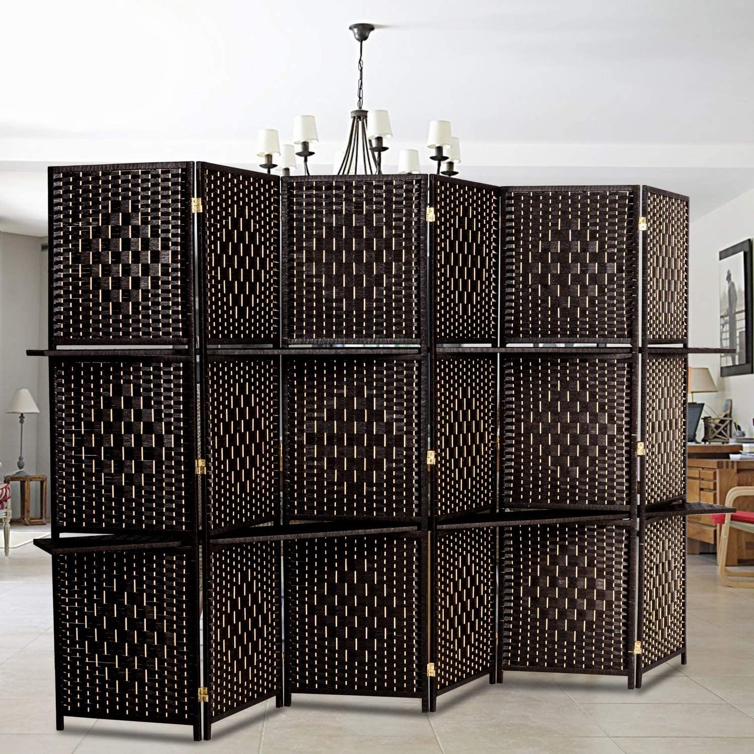 6FT Tall Rattan Room Divider Screens with Partition Wall 2 Display Shelves, Indoor Folding Screen Dual-Sided