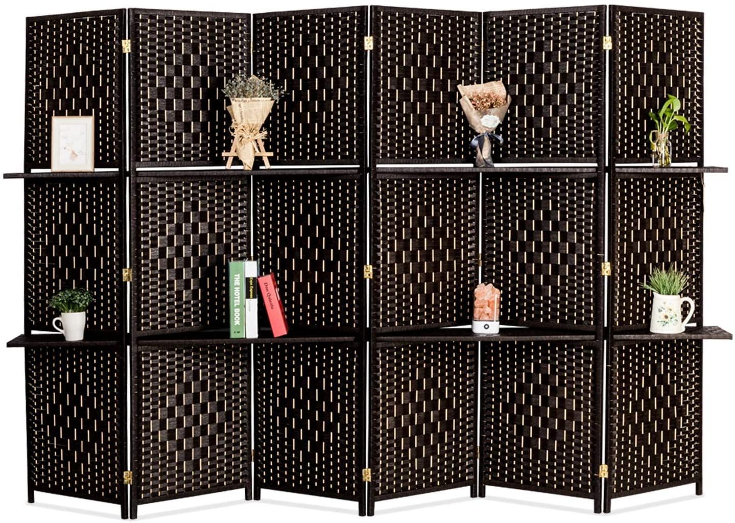 6FT Tall Rattan Room Divider Screens with Partition Wall 2 Display Shelves, Indoor Folding Screen Dual-Sided