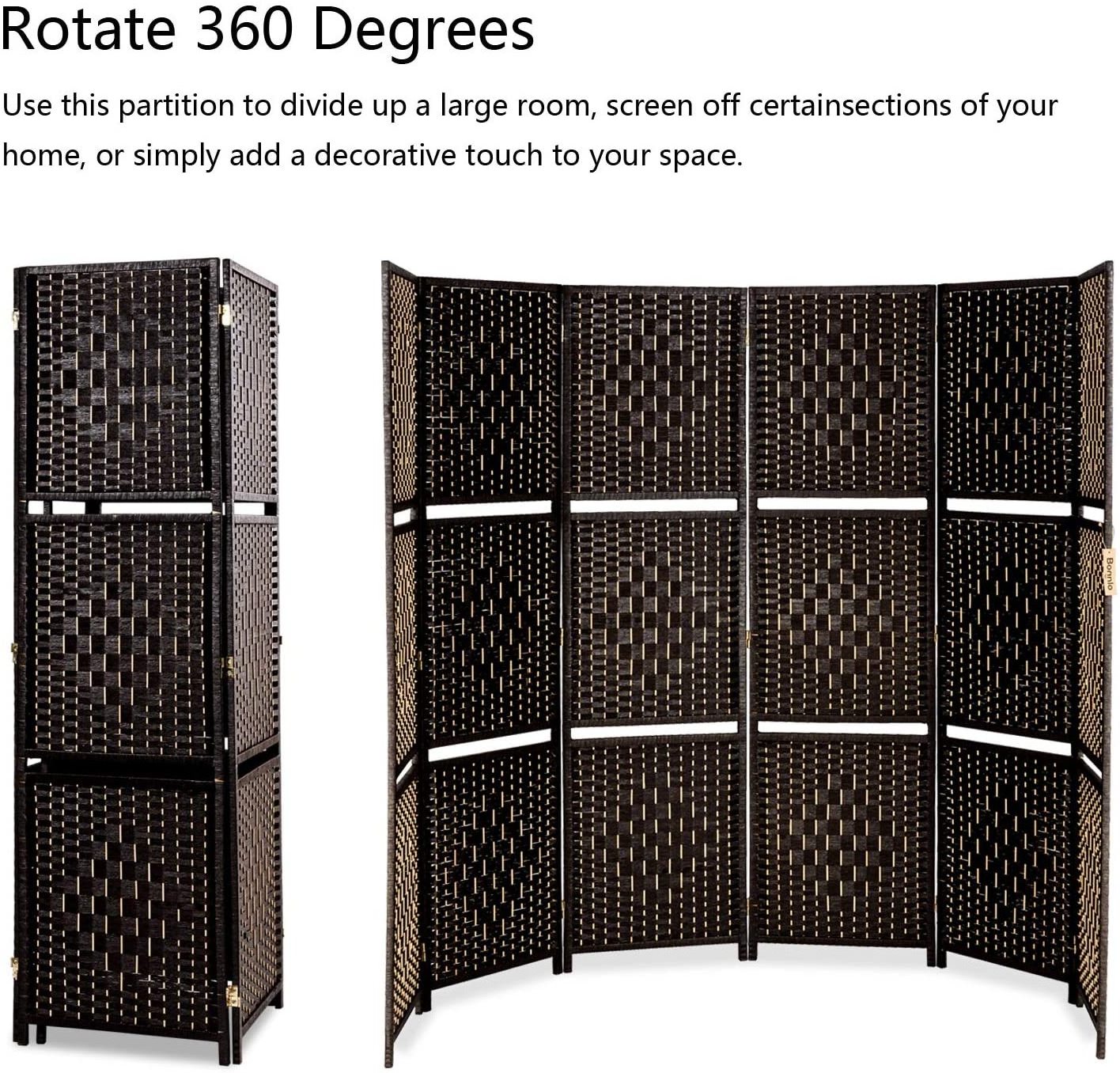 6FT Tall Rattan Room Divider Screens with Partition Wall 2 Display Shelves, Indoor Folding Screen Dual-Sided