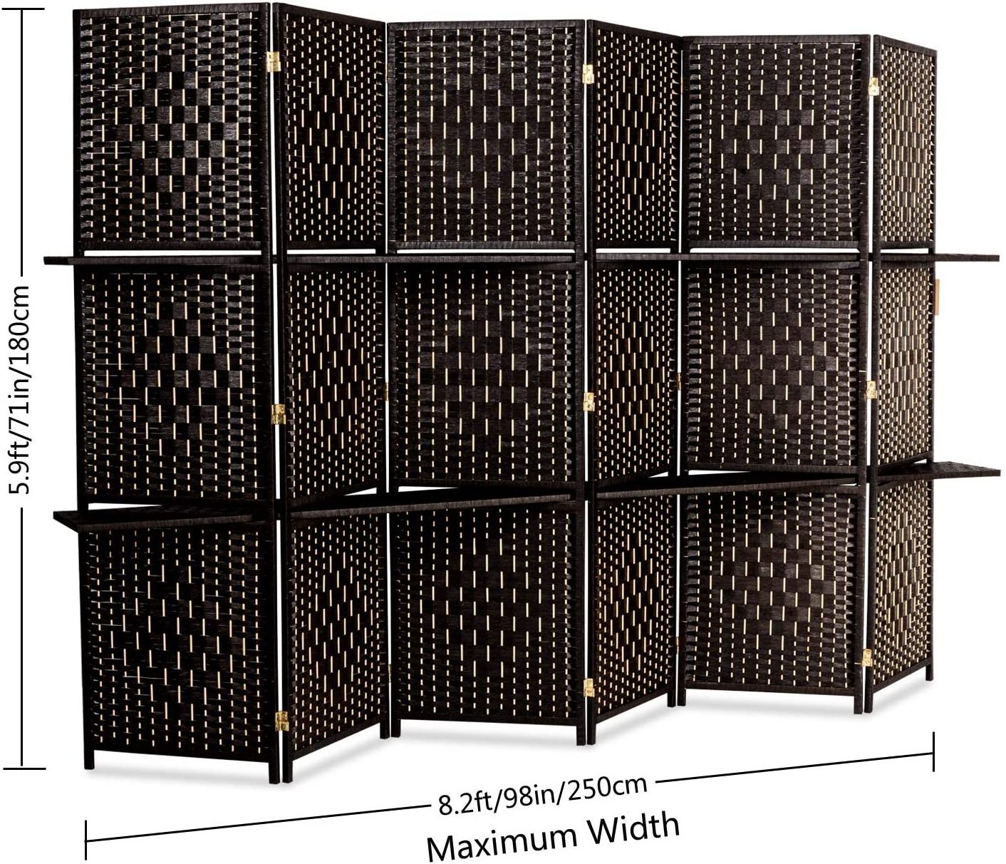 6FT Tall Rattan Room Divider Screens with Partition Wall 2 Display Shelves, Indoor Folding Screen Dual-Sided