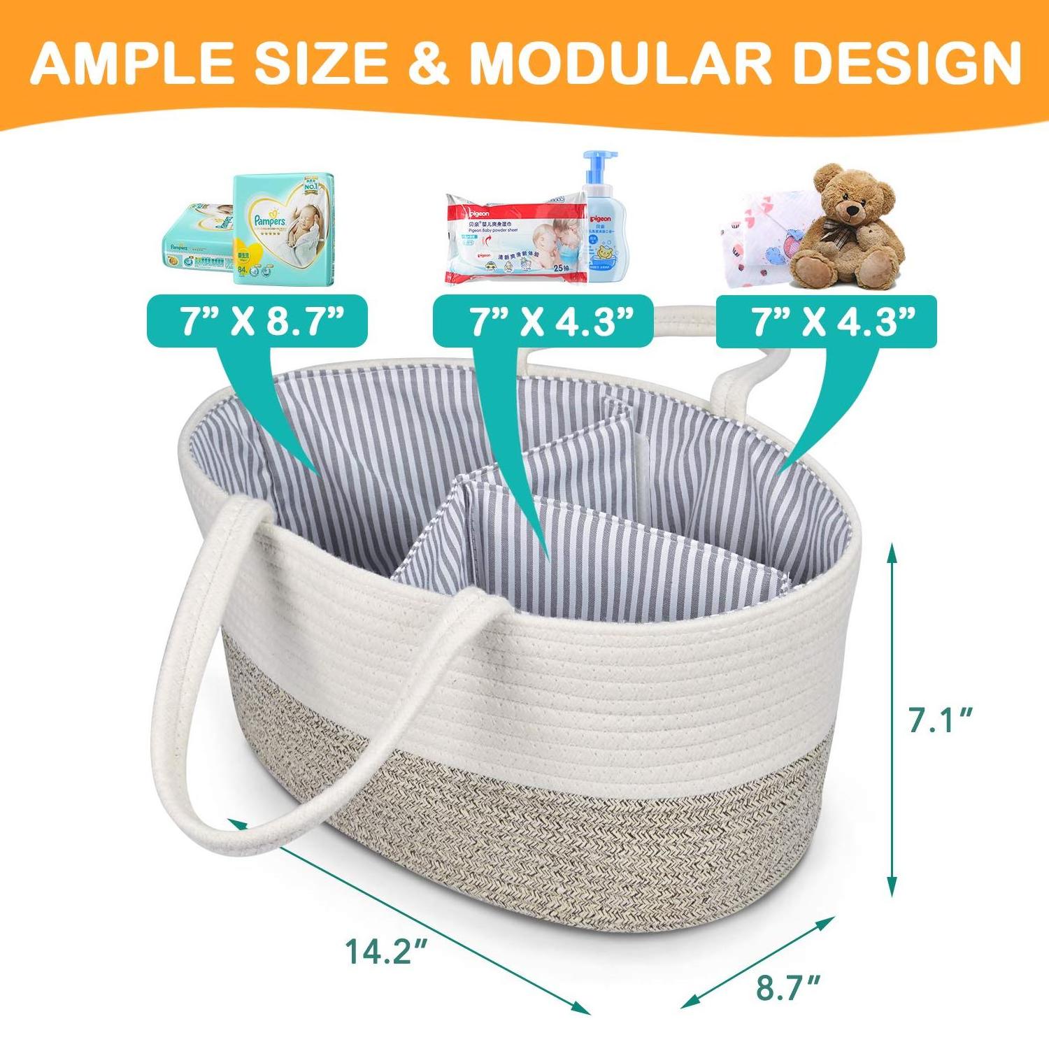 Baby Diaper Caddy Organizer - Changing Table Diaper Organizer - Portable Rope Nursery Storage Bin with Removable Insert