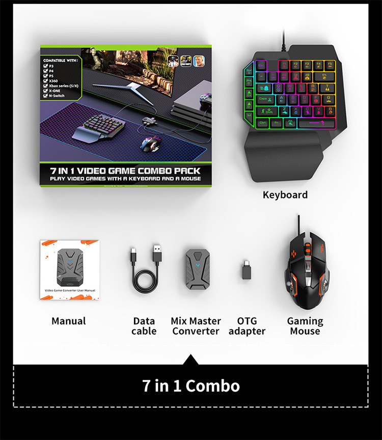 Mechanical Wired LED One Hand Gaming Keyboard And Mouse Combo With Keyboard Mouse Converter For XBox PS5 PS4 PS3 Switch