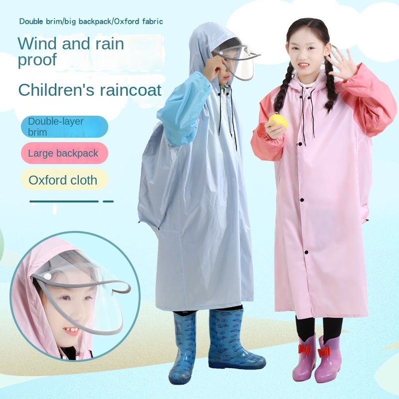 Two-Tone Children's XL Raincoat for Travel for Primary School Students with Double Brim and Backpack for Scooter Use