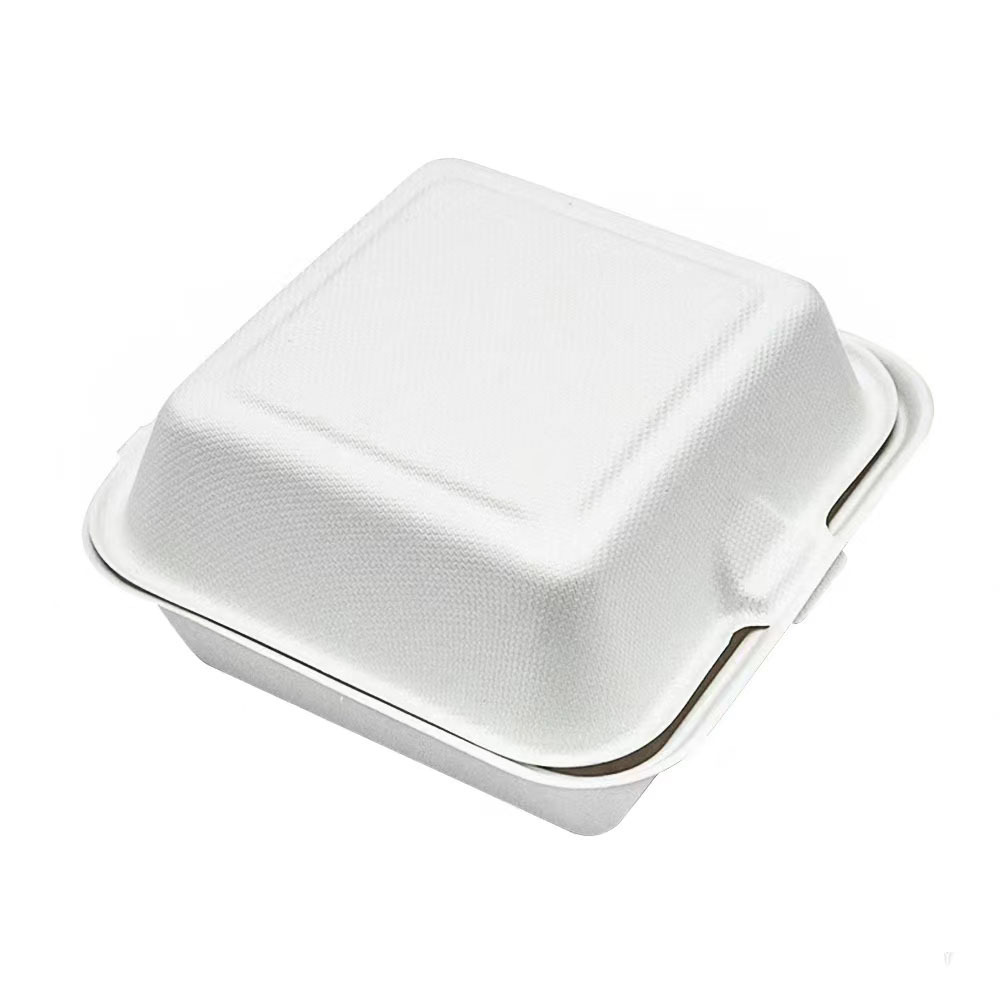 Biodegradable White Clamshell Packaging Container Sugarcane Bagasse Paper Pulp Take Away Food Lunch Box For Restaurant