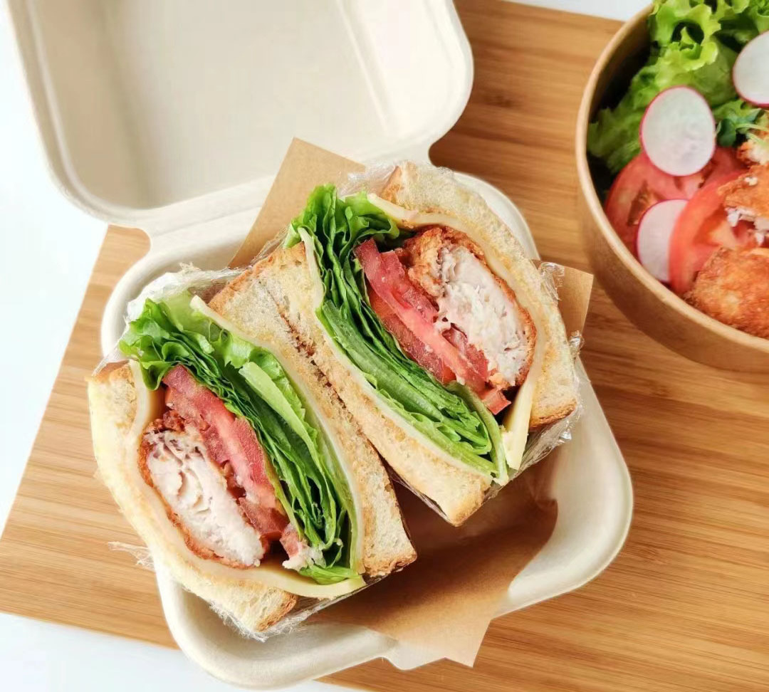 Biodegradable White Clamshell Packaging Container Sugarcane Bagasse Paper Pulp Take Away Food Lunch Box For Restaurant