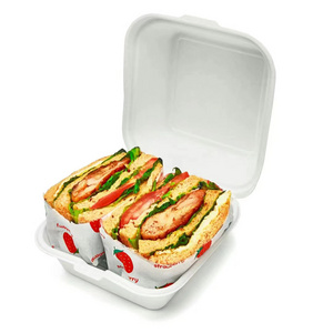 Biodegradable White Clamshell Packaging Container Sugarcane Bagasse Paper Pulp Take Away Food Lunch Box For Restaurant