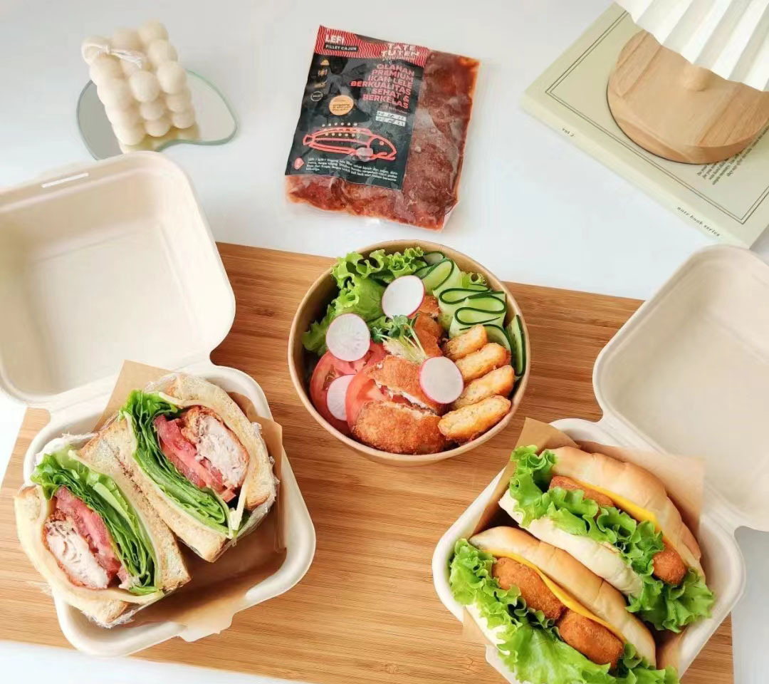 Biodegradable White Clamshell Packaging Container Sugarcane Bagasse Paper Pulp Take Away Food Lunch Box For Restaurant