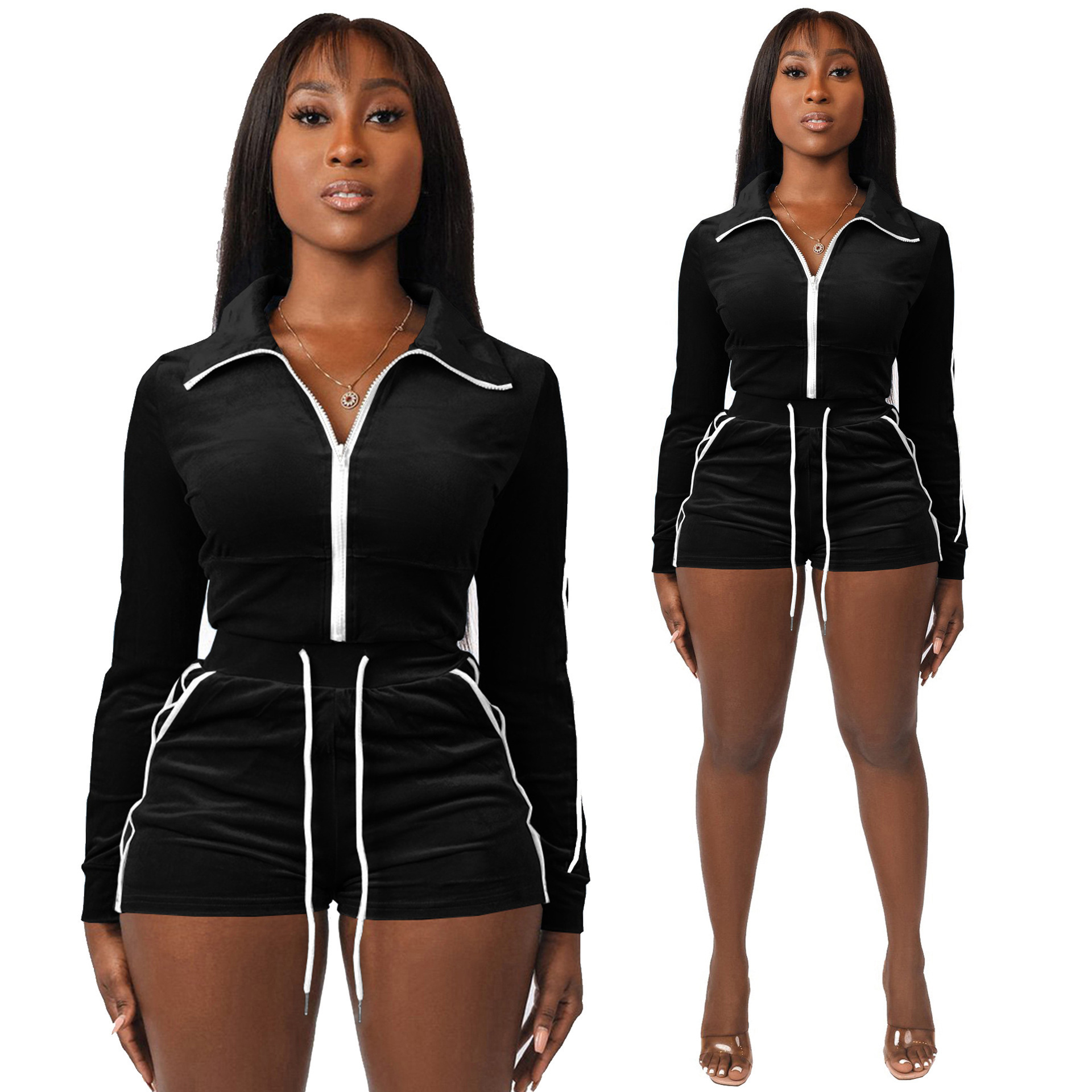 spring lounge wear 2024 Custom logo rhinestone Crop Velour Two Piece Tracksuit Zip Up Sweatshirt Shorts Set velvet Womens sets