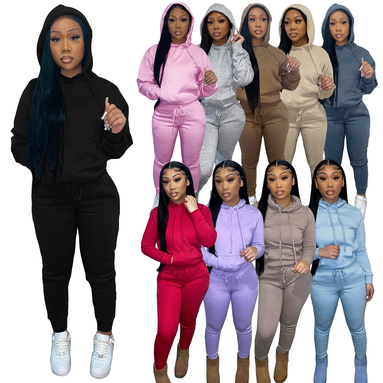 2023 wholesale Custom Logo rhinestom embroidery Cotton Jogging Suit Womens hoodie Set Tracksuit Sweatsuit Women Sweat Suits