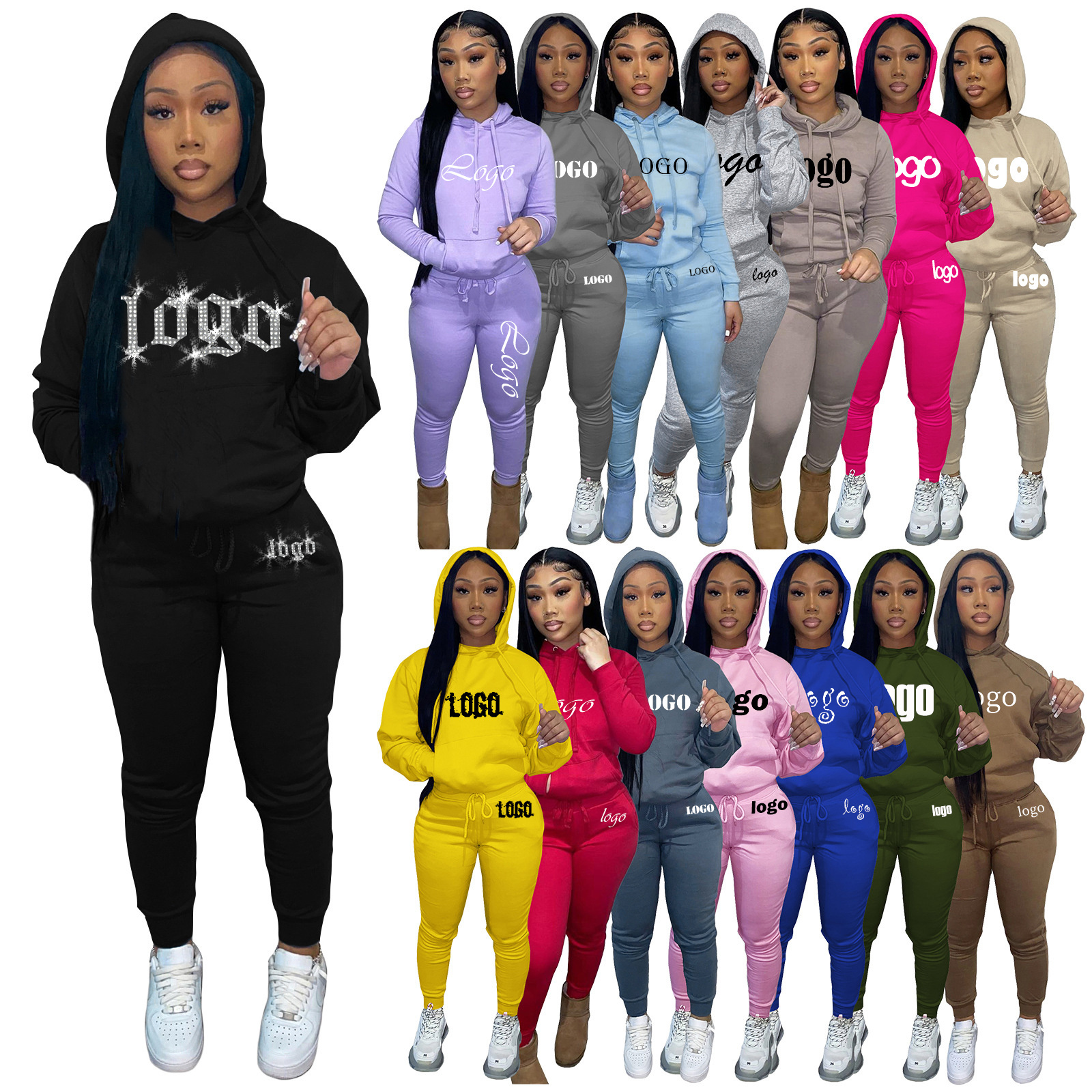 2023 wholesale Custom Logo rhinestom embroidery Cotton Jogging Suit Womens hoodie Set Tracksuit Sweatsuit Women Sweat Suits