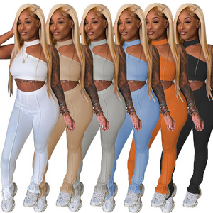 Women Tracksuit 2 Piece Set Women Outfit One Shoulder Summer Sexy Zippers Irregular Vest Slim Suit Clothes Two Piece Pants Set