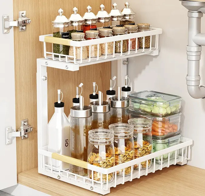 Multifunctional Kitchen sink 2-Tier adjustable height kitchen bathroom cabinet under the sink organizer