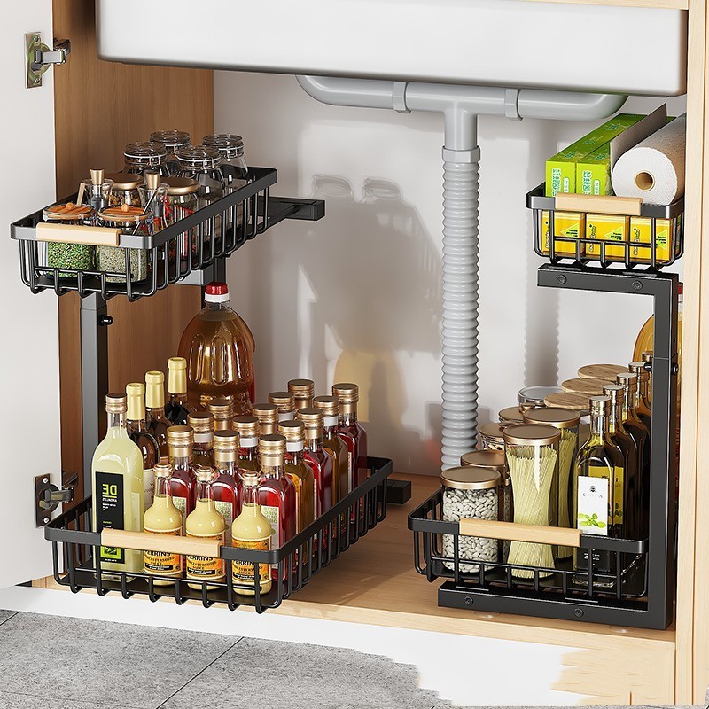 Kitchen 2 Tier Under Sink Pull Out  Organizers and Storage Bathroom Shelf 2 Pack Under Sink Storage Organizer Rack