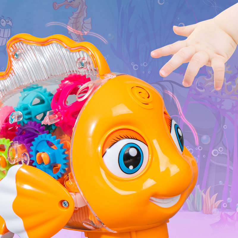 New design Children's light music cartoon electric universal transparent gear luminous Clown fish toy