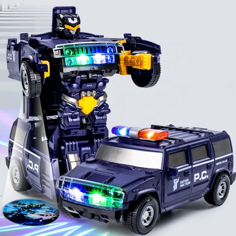 New design 3D light music police car transform toys truck electric robot toys with projection toy kids