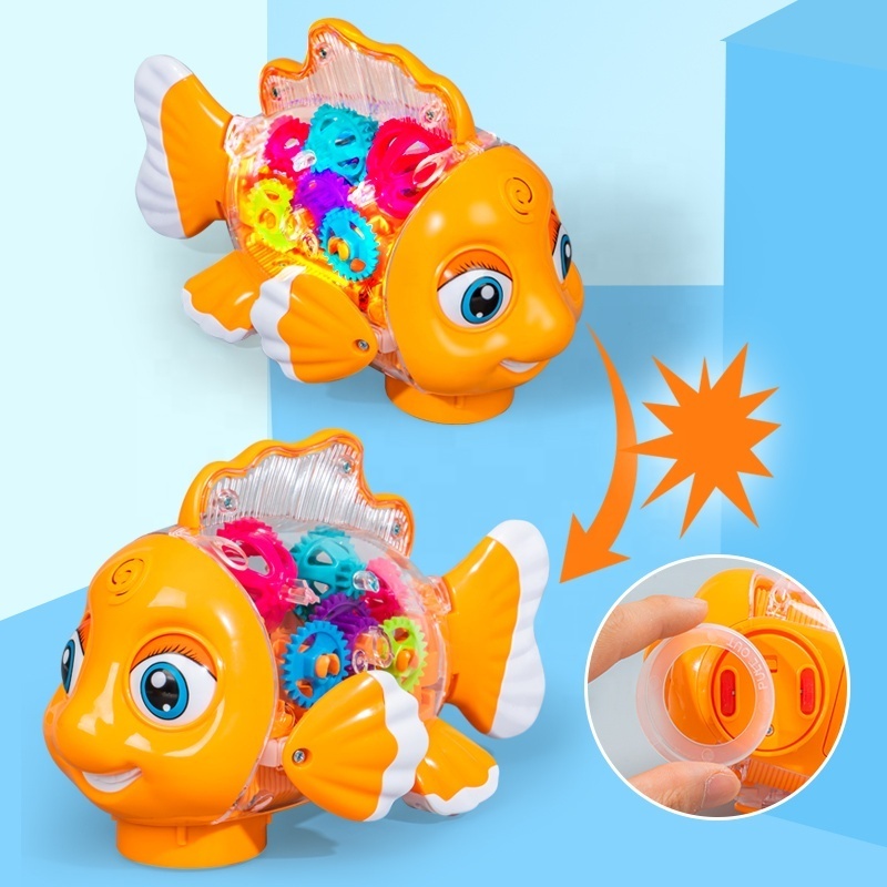 New design Children's light music cartoon electric universal transparent gear luminous Clown fish toy