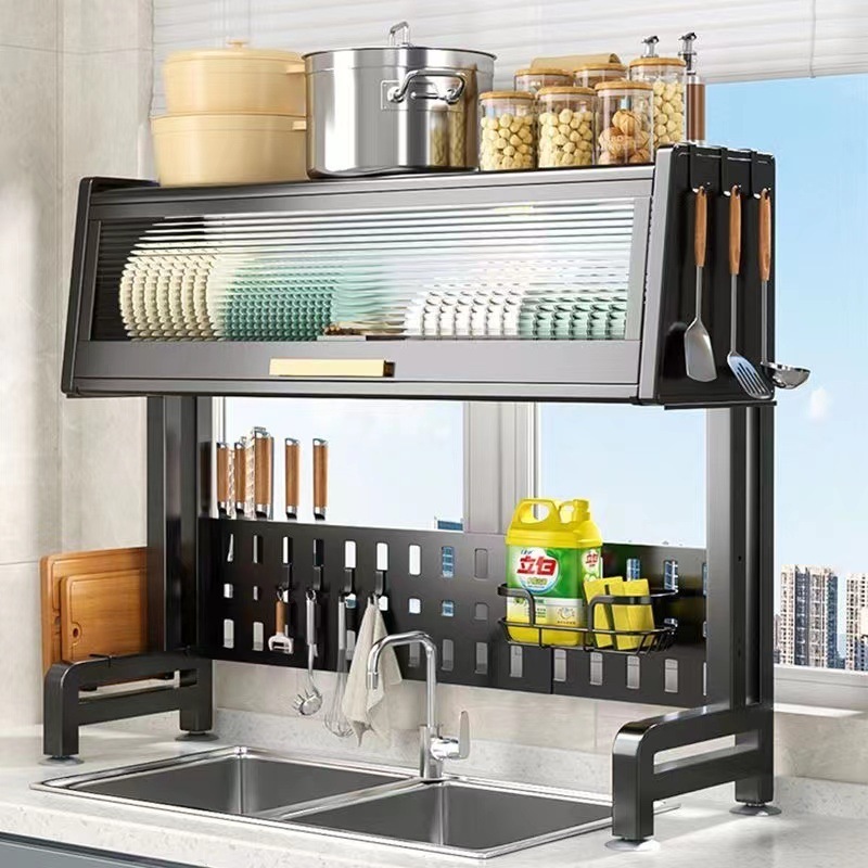 Modern Multifunctional Metal Kitchen Bowl Plate Expandable Over The Sink Dish Drainer Drying Rack with Cover