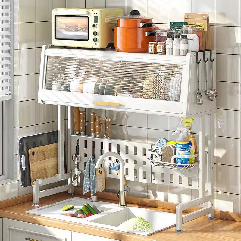 Modern Multifunctional Metal Kitchen Bowl Plate Expandable Over The Sink Dish Drainer Drying Rack with Cover