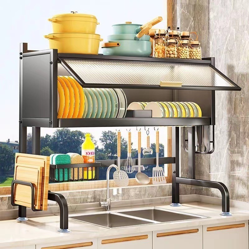 Modern Multifunctional Metal Kitchen Bowl Plate Expandable Over The Sink Dish Drainer Drying Rack with Cover