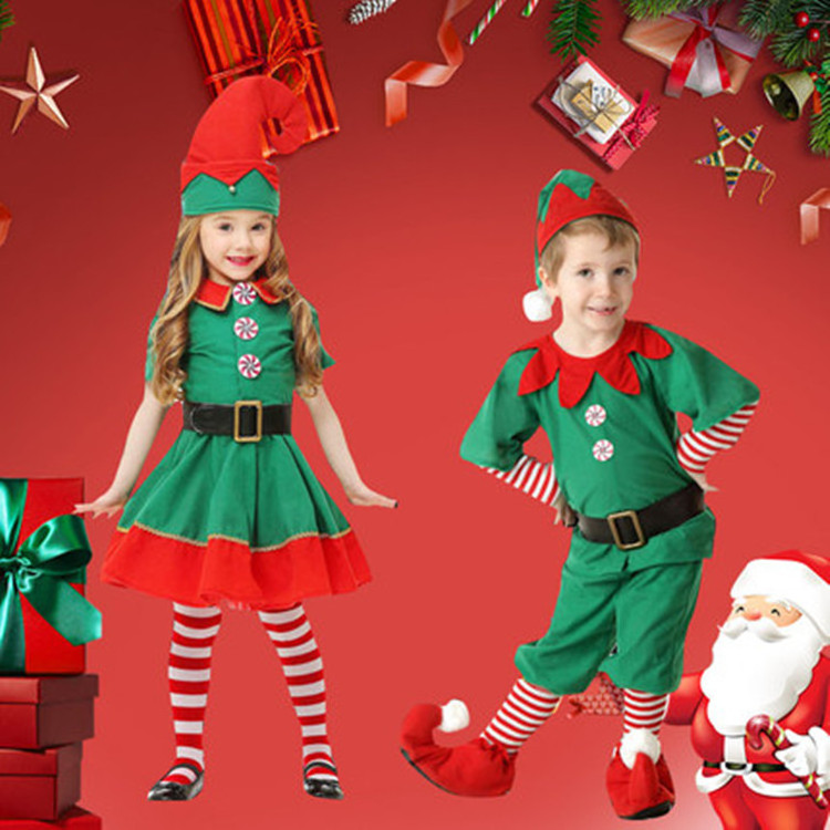 Christmas costume children Christmas elf costume cosplay parent-child costume festival adult men and women green Christmas costu