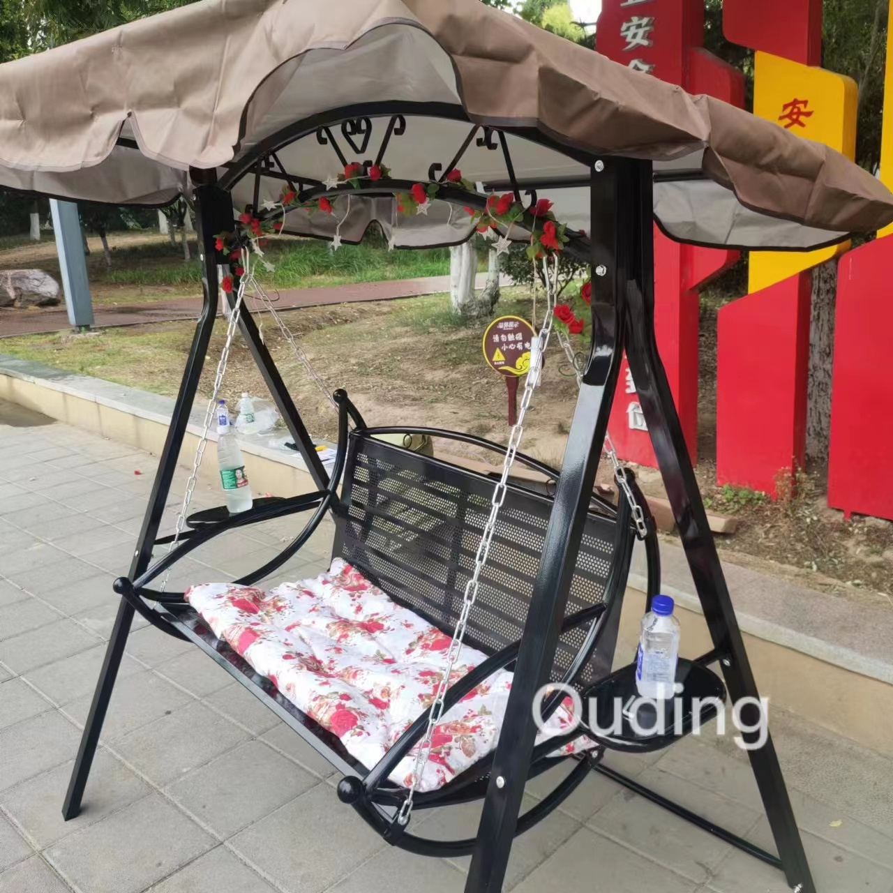 2/3-seater steel sling garden swing chair with canopy gazebo swing