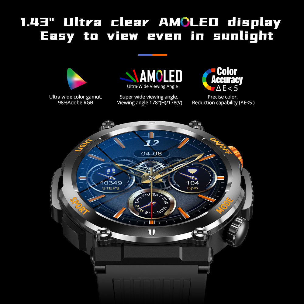 COLMI V68 Smartwatch 1.43'' AMOLED Display 100 Sports Modes Compass Flashlight Men IP67 Waterproof Toughness Smart Watch