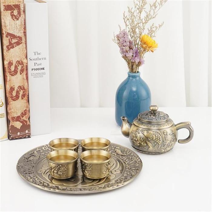 Tea Set Household Metal Tea Cup High-Grade Gift Tea Set Luxury High-Grade Lattice Household Living Room Teapot Set