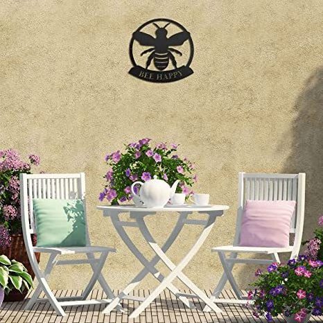 Metal Bee Happy Wall Art Gold Bee Art Wall Decoration for Room Kitchen Bedroom Office Yard Lawn Decoration