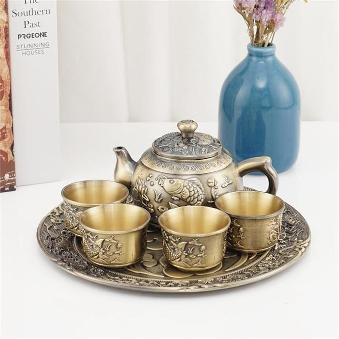 Tea Set Household Metal Tea Cup High-Grade Gift Tea Set Luxury High-Grade Lattice Household Living Room Teapot Set