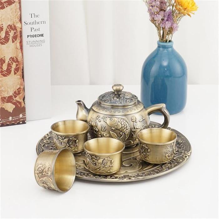 Tea Set Household Metal Tea Cup High-Grade Gift Tea Set Luxury High-Grade Lattice Household Living Room Teapot Set