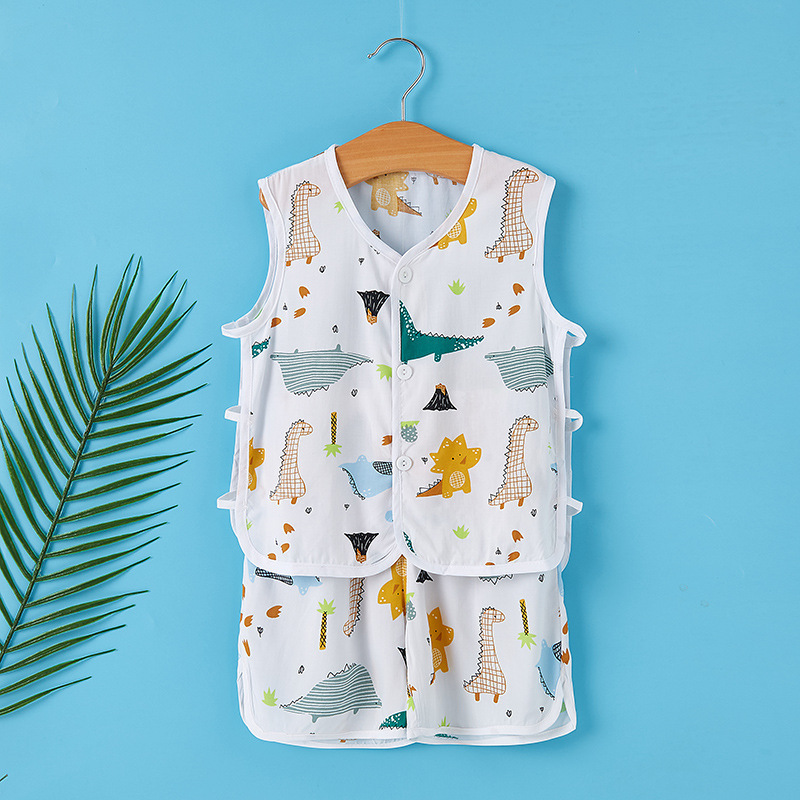 Baby Vest Set Children's Summer Thin Cotton Silk Men's and Women's Outer Wear   Sleeveless Sling Pajamas