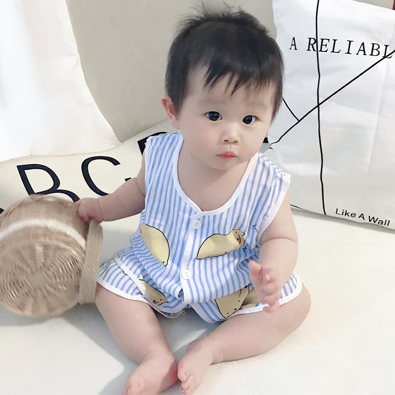 Baby Vest Set Children's Summer Thin Cotton Silk Men's and Women's Outer Wear   Sleeveless Sling Pajamas