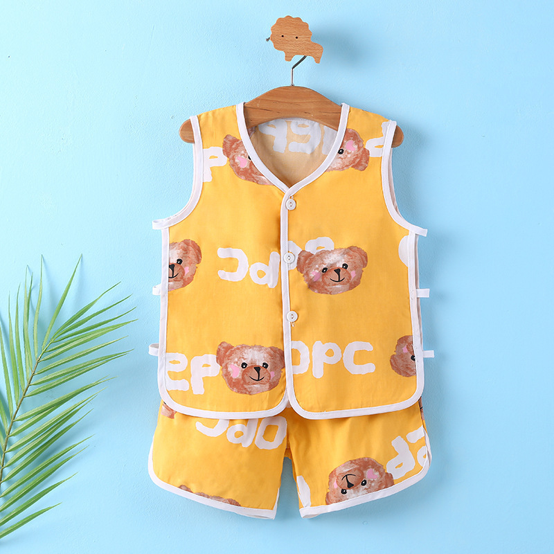 Baby Vest Set Children's Summer Thin Cotton Silk Men's and Women's Outer Wear   Sleeveless Sling Pajamas