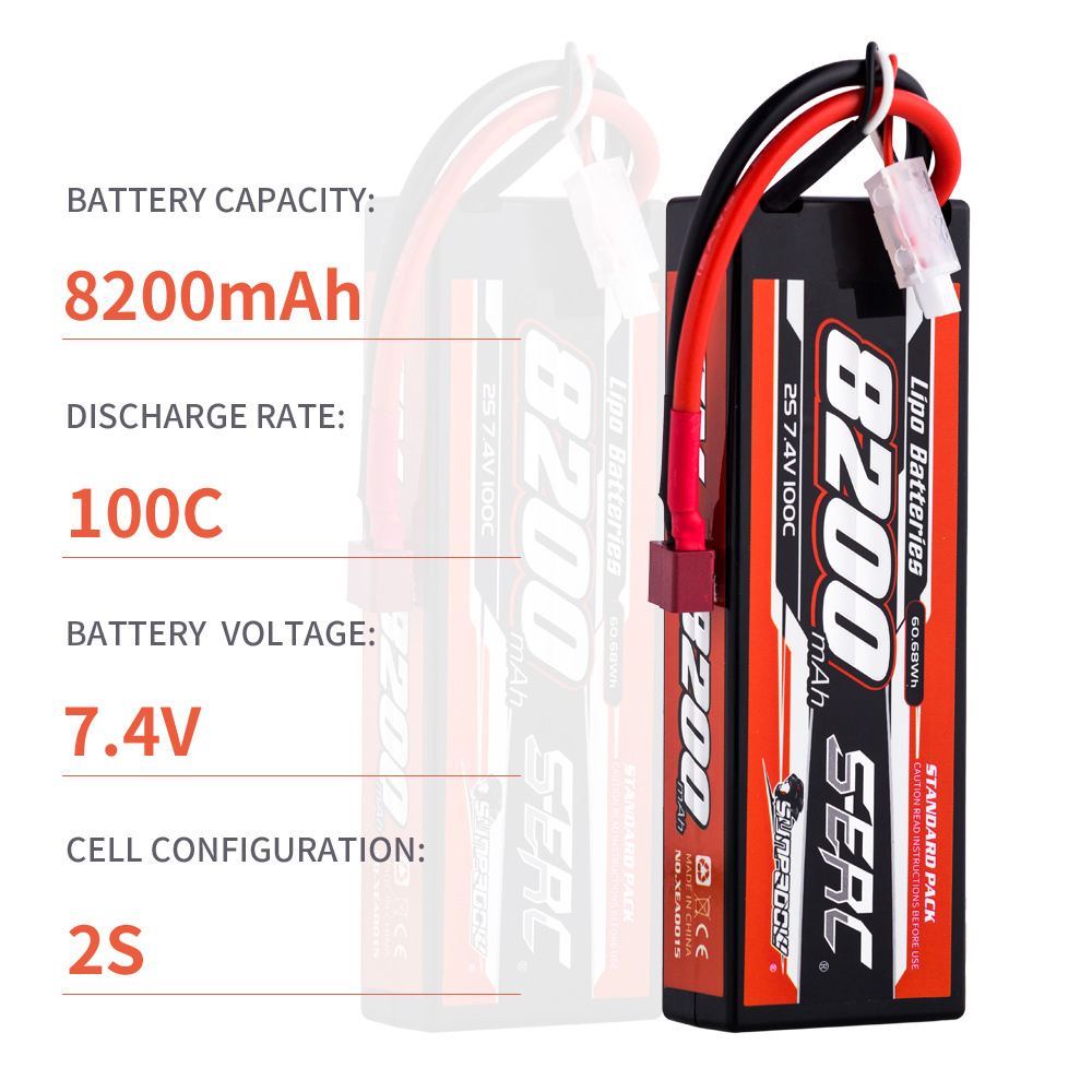 SUNPADOW 2S 7.4V Lipo Battery 8200mAh 100C Hard Case with Deans T Plug for RC Car Truck Boat Vehicles Tank Buggy Racing Hobby