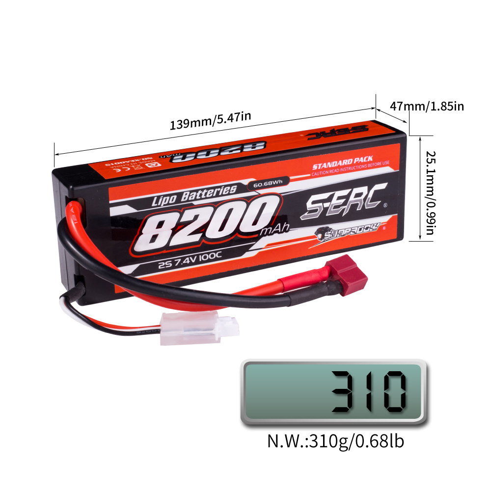 SUNPADOW 2S 7.4V Lipo Battery 8200mAh 100C Hard Case with Deans T Plug for RC Car Truck Boat Vehicles Tank Buggy Racing Hobby