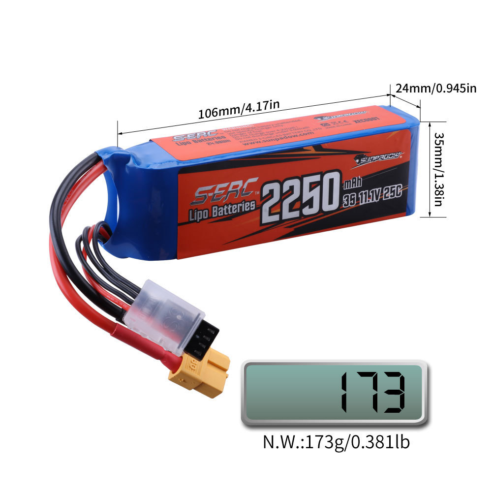 SUNPADOW 2250mAh 11.1V 25C 3S Lipo Battery with XT60 Plug for RC Airplane Quadcopter Helicopter Drone FPV Racing Model Hobby