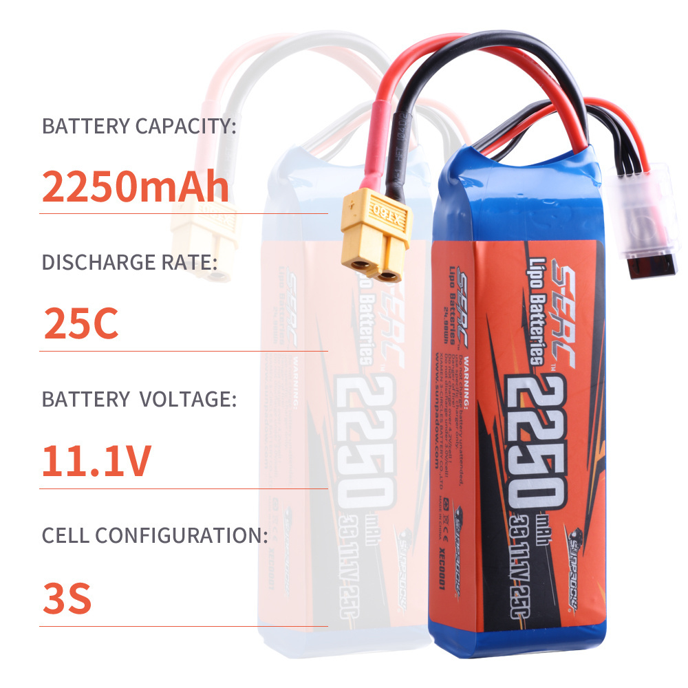 SUNPADOW 2250mAh 11.1V 25C 3S Lipo Battery with XT60 Plug for RC Airplane Quadcopter Helicopter Drone FPV Racing Model Hobby