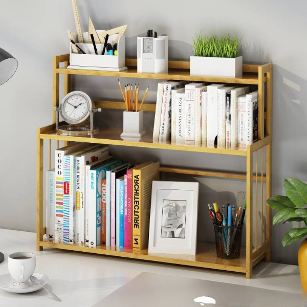 Portable Office Desk Organizer Storage Shelf for Desk Bamboo Wooden Small Book Shelf