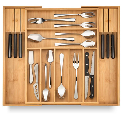 Expandable Utensil Holder and Cutlery Tray bamboo cutlery tray kitchen drawer organizer with Divider and Removable Knife Block